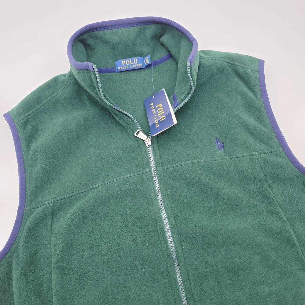 Polo Ralph Lauren Mens Large Fleece Vest Green Blue Trim Full Zip NWT